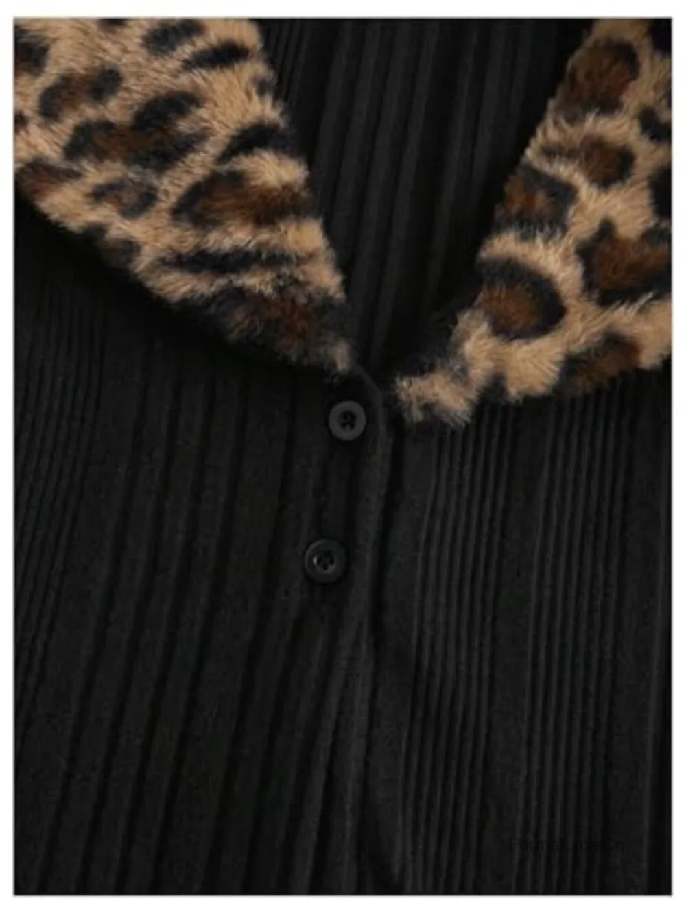 Leopard Faux Fur Trim Cardigan Long Sleeve Collared Button Down Knit Grunge
